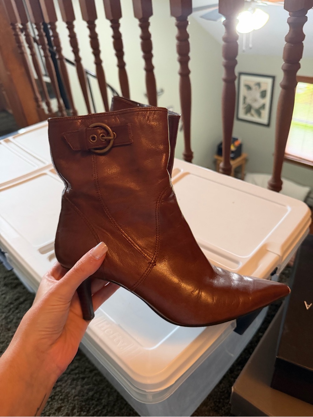 Women's Red/Brown Pointed-Toe Leather Ankle Boots